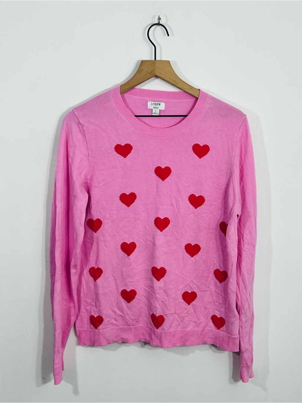J.Crew Gorgeous Pink Crew Neck Pullover Knit Teddie Sweater With Red Hearts Cozy